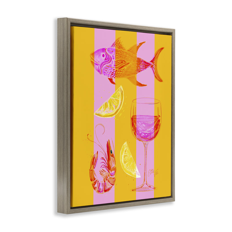 Cadre flottant de fruits de mer d'été sur rayures, design par EttaVee, H 31 po x l 25 po, Cadre flottant orme Montalcino