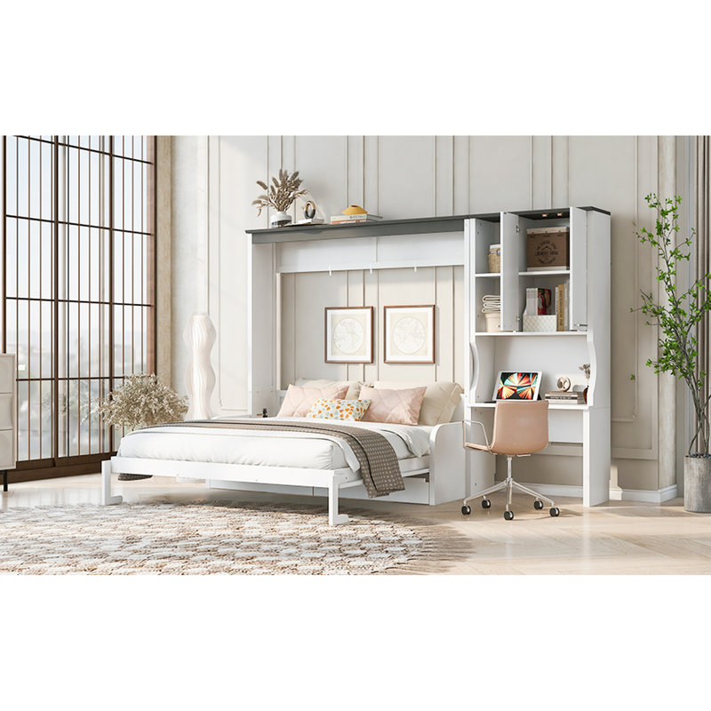 Grand lit avec rangement intégré, bureau et rangement, peu encombrant, blanc, bois et coin salon moelleux
