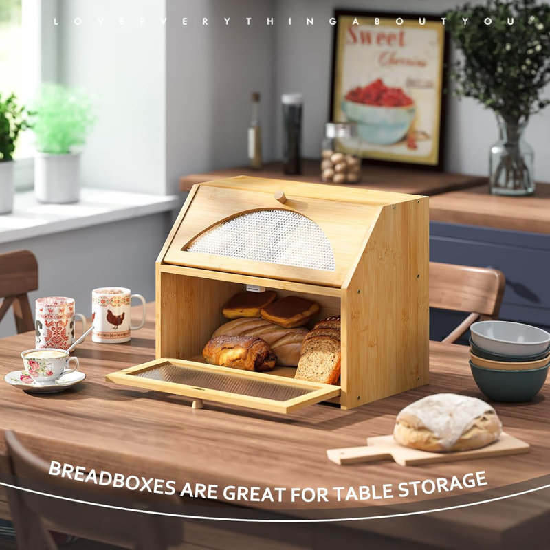 Natural Bamboo Double Layer Bread Box with Diamond Pattern Windows