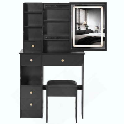 Small Size Left Drawer Desktop Vanity Table + Cushioned Stool, Large Sliding, Touch Control, Tri-Colour Switching, Brightness Adjust LED Mirror, High Capacity Storage, Suitable For Small Space