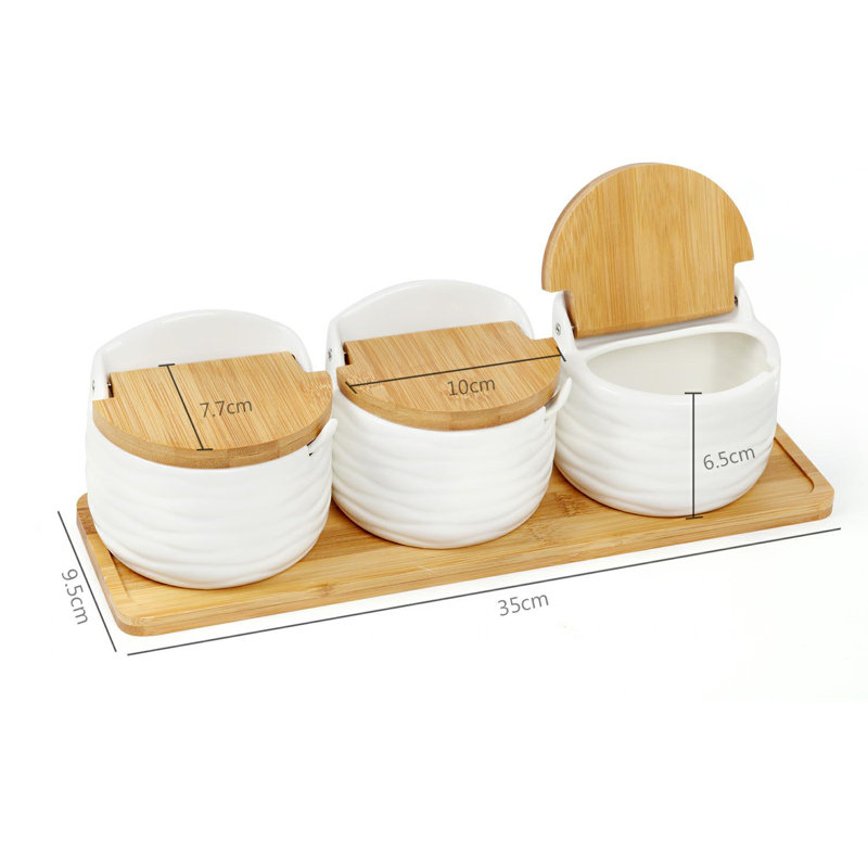 Ceramic Sugar Bowls Set of 3 Condiment Jar Spice Container with Bamboo Lids and Spoon Seasoning Pots