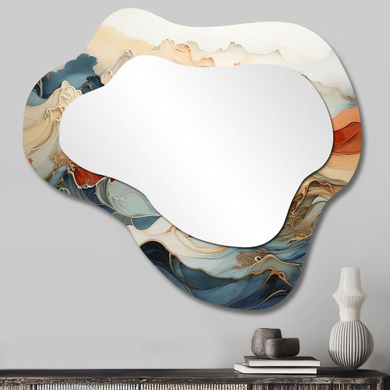 Abstrait abstrait orange et bleu River III - Miroir mural moderne abstrait en marbre, 25 po x 28 po