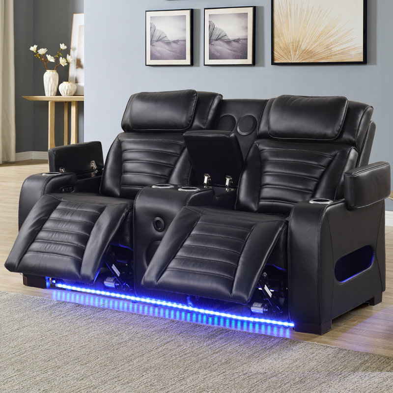 Causeuse inclinable électrique en cuir respirant avec accoudoirs carrés de 74,5 po, Noir