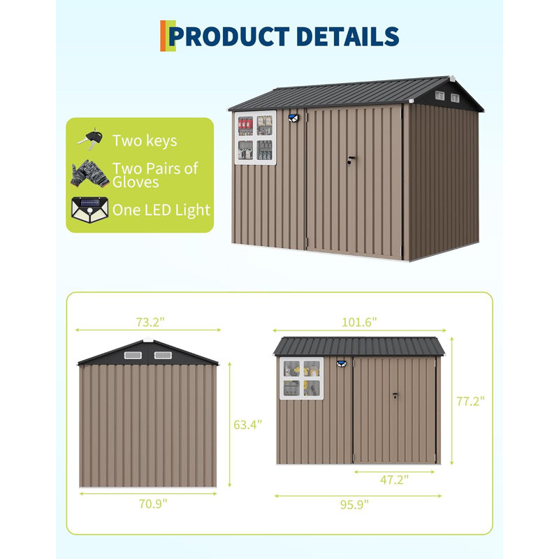 Remise de rangement extérieure 6 pi x 8 pi, bâtiment en métal robuste avec fenêtres et portes verrouillables pour le jardin, la cour, le bord de la piscine et la pelouse