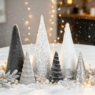 6 PCS 12" 10" 6" Christmas Silver Gray Cone Tree Decoration Christmas Glitter Sequin Furry Velvet Tree Table Centerpiece Modern Tiered Tray Ornament Xmas Tree for Home Holiday Mantle Winter Décor