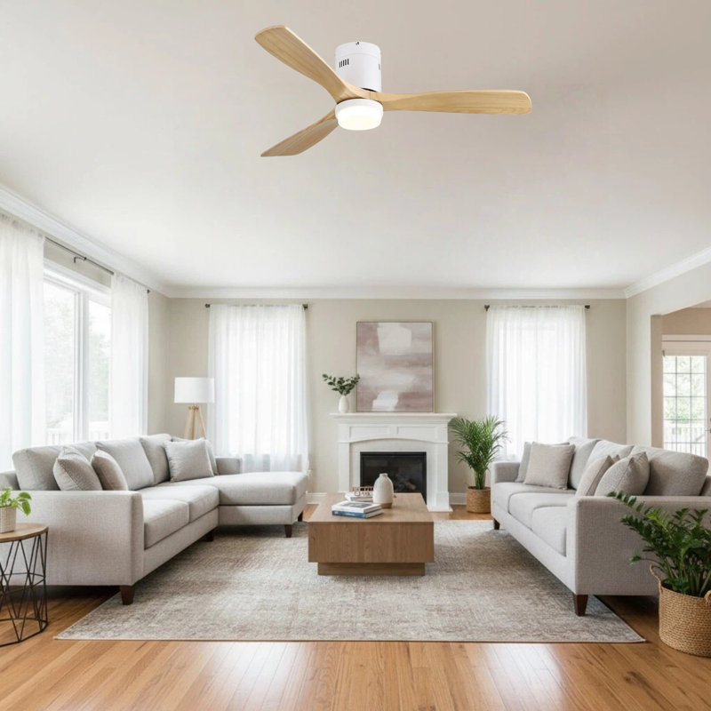 52" Solid Wood 3-Blade Low Profile Ceiling Fan With Integrated LED Light, DC Motor, Smart Remote Control & Reversible Airflow