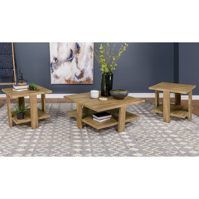 Ensemble de 3 tables basses et tables de bout en bois avec tablette ouverte brun manguier