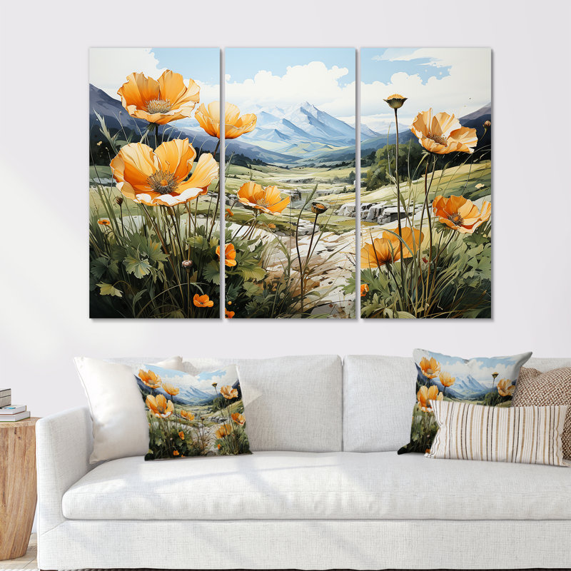 «Buttercups Charm In Mountain Scenery» - ensemble de reproductions d'art mural Buttercups, Toile tendue