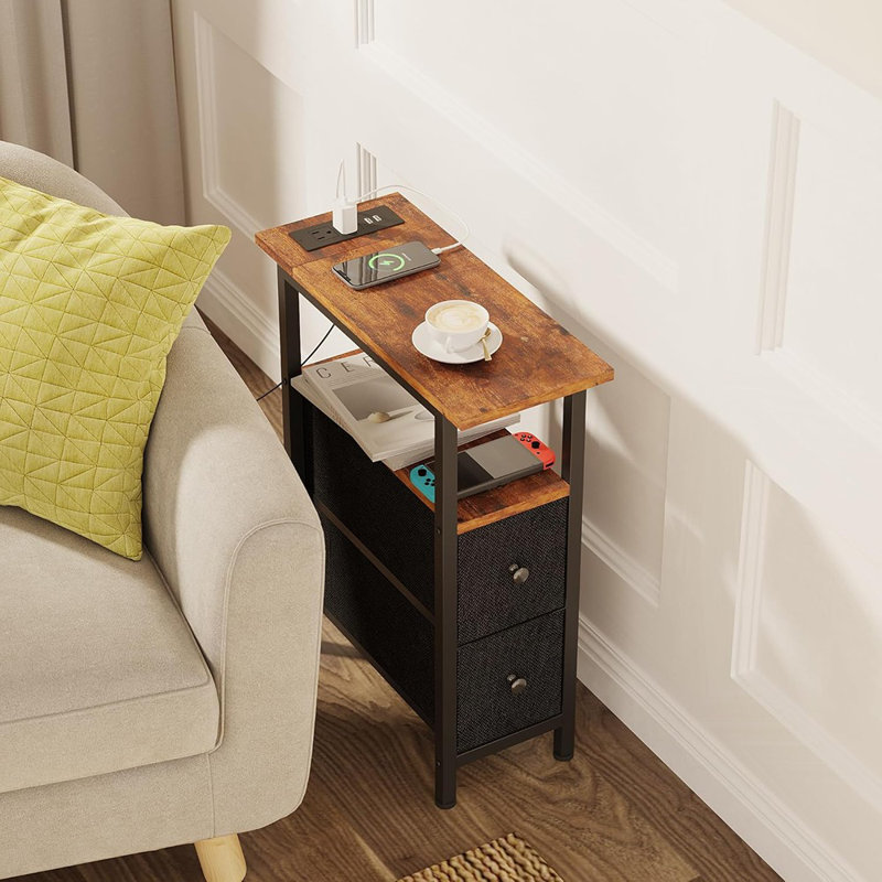 Table de bout étroite avec station de charge, table de chevet mince avec lumière DEL, 2 tiroirs en tissu, brun rustique et noir