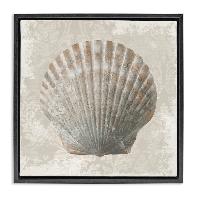 Coquille de palourde sur motif rétro, Cadre flottant noir de jais, H 18 po x l 18 po