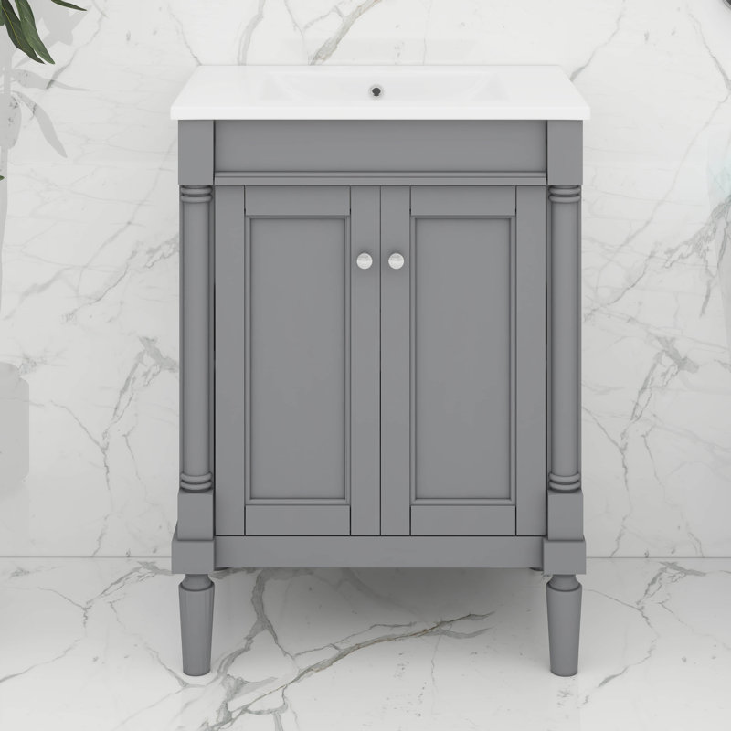 Meuble-lavabo 24 po avec lavabo supérieur, meuble de rangement moderne à 2 niveaux, Gris