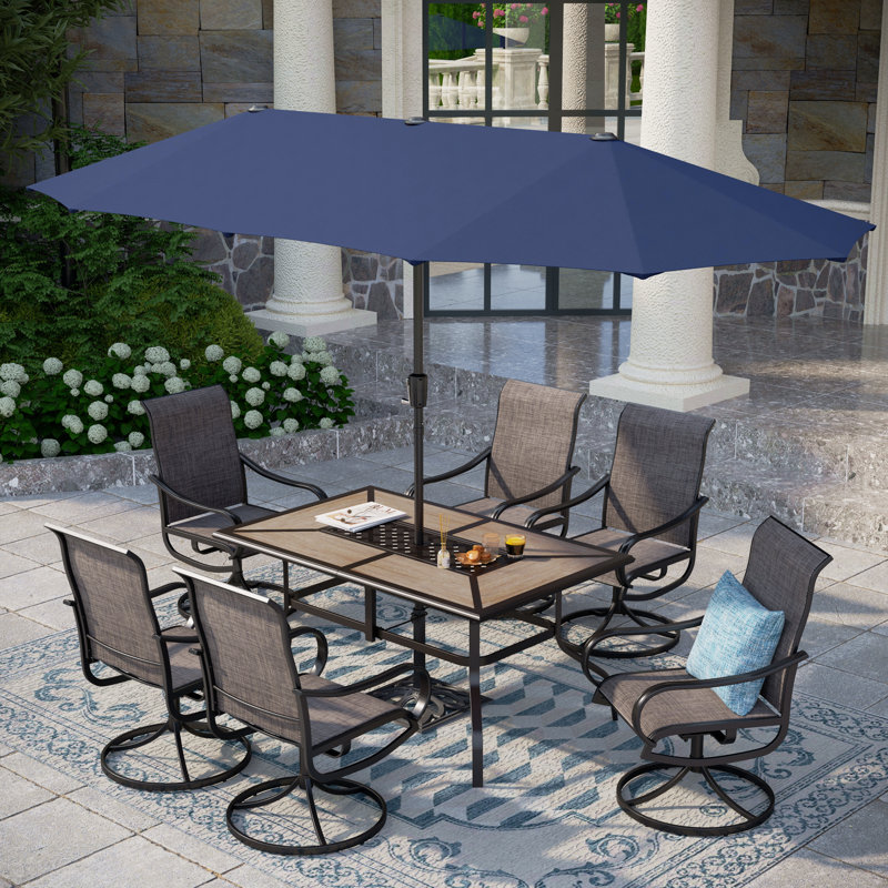 8pcs Outdoor Patio Dining Sets With Umbrella, Brown, Blue