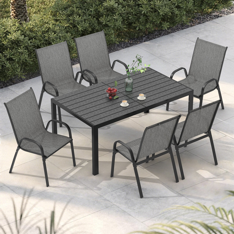 Ensemble de salle à manger d'extérieur pour 6 personnes, table de salle à manger en Hdpe de 59,1 po et chaises empilables, ensemble de salle à manger toutes saisons pour la pelouse, le jardin et la cour