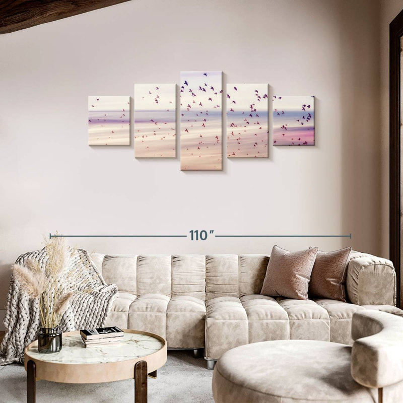 Oiseaux et ciel abstrait, H 36 po x l 80 po