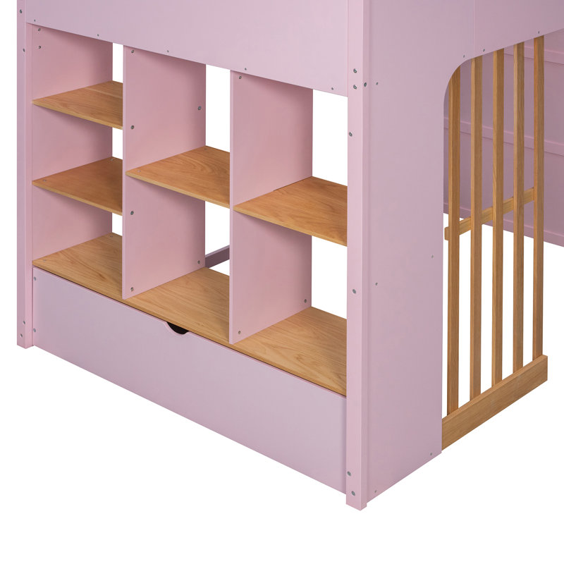 Lit mezzanine gain de place avec rangement, en bois MDF, rose moderne, idéal pour chambre d'enfant, Pink