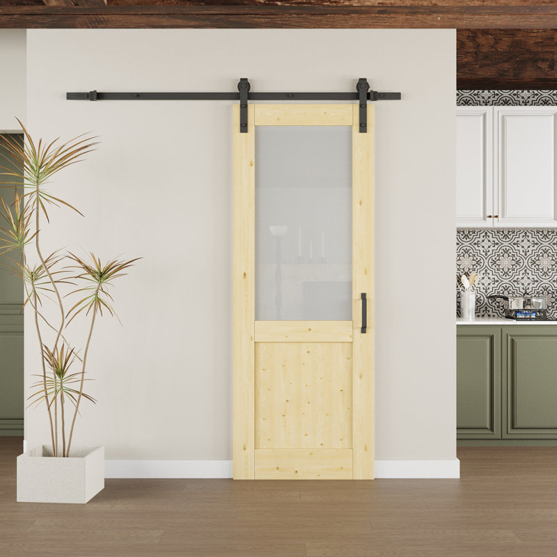 Solid Pine And Frosted Glass Sliding Barn Door With Installation Hardware Kit(No Assembly Required), 28" x 80"