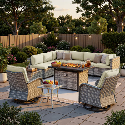 11-Piece Outdoor Sectional Seating Group With Fire Pit Table, Swivel Chairs, Wicker Patio Conversation Set With Cushions & Coffee Tables