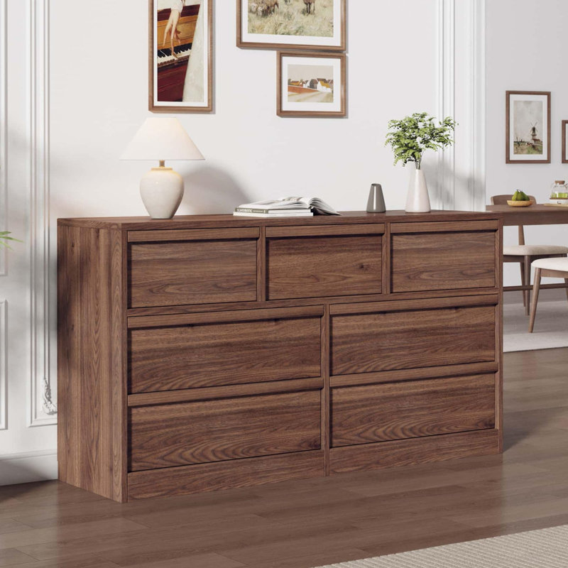 Commode 7 tiroirs pour la chambre à coucher, commode en chêne naturel de 54 po de largeur, rangement en bois pour le salon, le vestibule, la chambre de bébé, brun