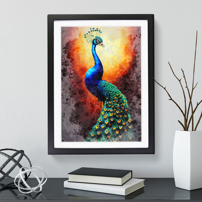 Peacock In Watercolour No.3 - Single Picture Frame Print, Black Framed, 64cm H x 46cm W x 2cm D