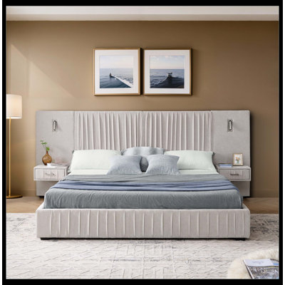Queen Size Upholstered Bed Frame With Chenille Fabric With Pleated Design,Grounded Queen Size Platform Bed With Headboard And Solid Frame And The Bedside Table.No Box Spring Needed-Beige
