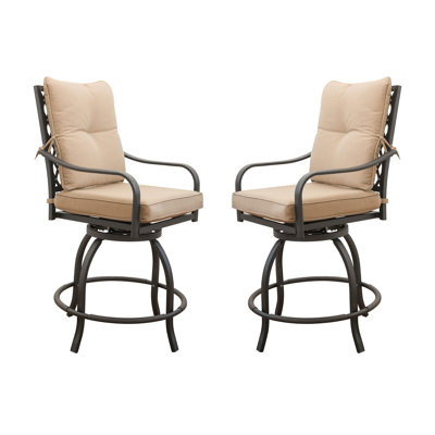 Outdoor Bistro With Khaki Swivel Chairs - Metal Frame, For Garden Backyard Bar Stools 360 Degrees Spin Metal, Comfy Balcony Deck