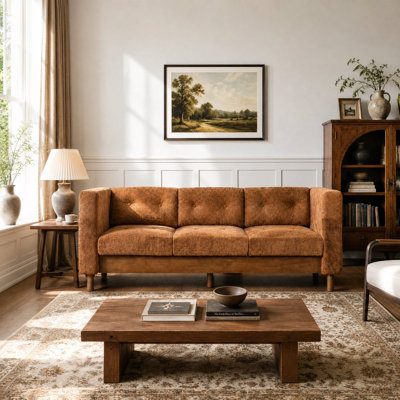 Canapé moderne 3 places 78" en chenille, accoudoirs carrés, dossier capitonné et pieds en bois d'hévéa naturel, canapé multi-coussins, orange