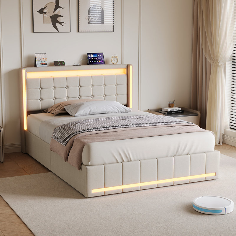 Upholstered Storage Bed with LED Headboard and Drawers, Double (4'6), Beige