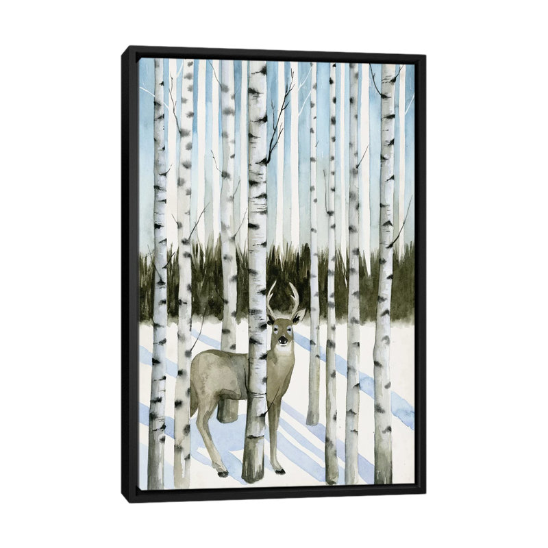 «Deer in Snowfall I» par Grace Popp - impression sur toile, H 26 po x l 18 po x P 1,5 po, Toile avec cadre noir, Pas de tapis