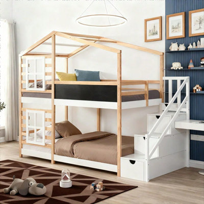 Twin over Twin Bunk Bed House with Roof, Windows & Blackboard, Multi-Functional Playhouse Design with Storage Stairs, Inspires Creativity for Kids，Mattress not included