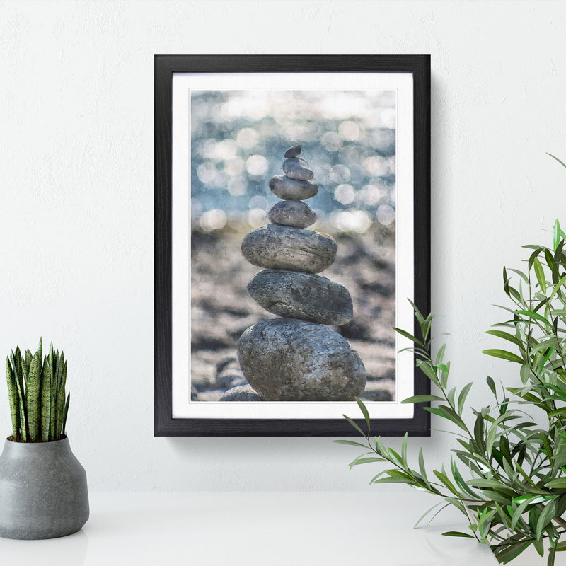 Stacked Zen Stones Painting - Picture Frame Graphic Art, Black Framed, 33cm H x 24cm W x 2cm D