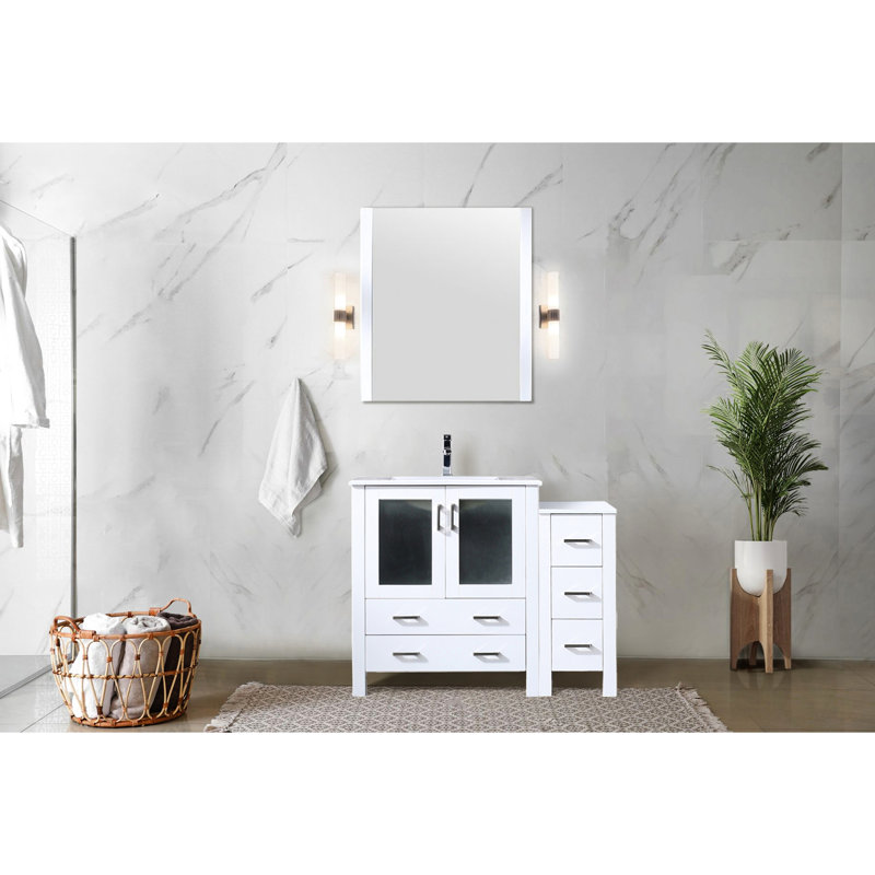 42 po Meuble-lavabo blanc avec armoire latérale, comptoir en céramique, robinet, miroir 28 et protection contre les égratignures en blanc