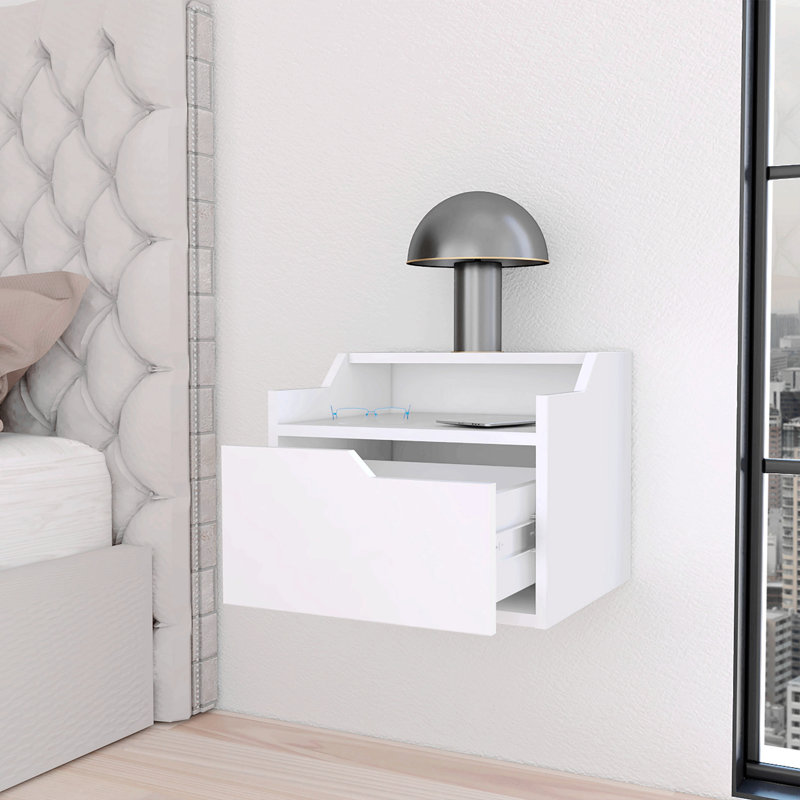 Table de chevet flottante avec tiroir et double tablette Florence, Blanc