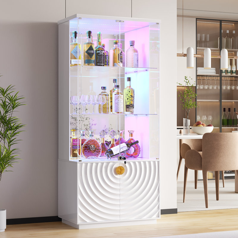 71" Tall Glass Bar Cabinet with RGB LED lighting and motion sensors, Lockable 3-Tier Wine Display Storage Cabinet, White