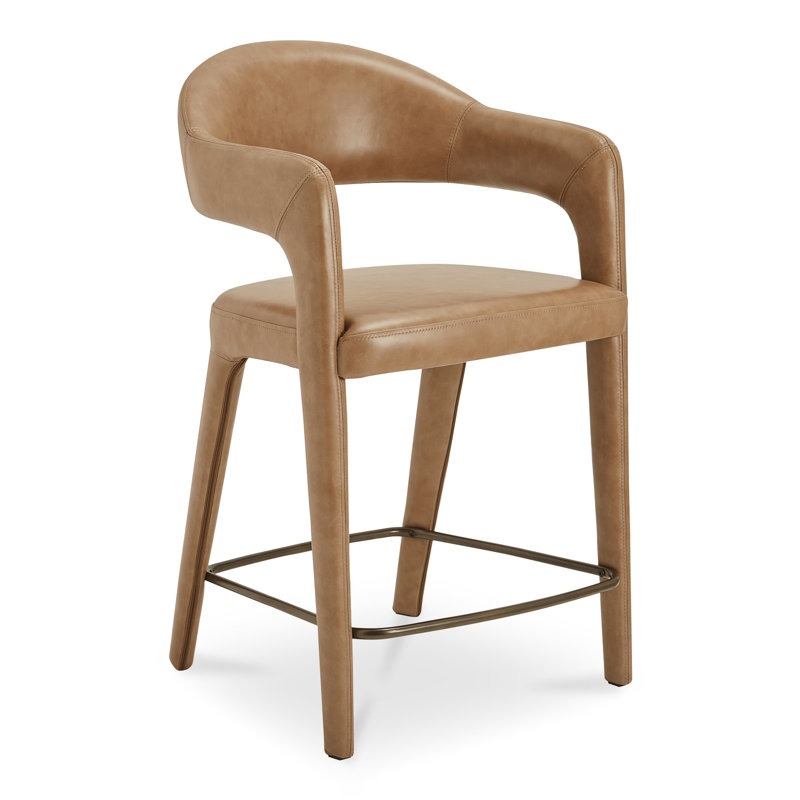Cathline Upholstered Stool, Counter Stool (26.4" Seat Height), Brown Genuine Leather