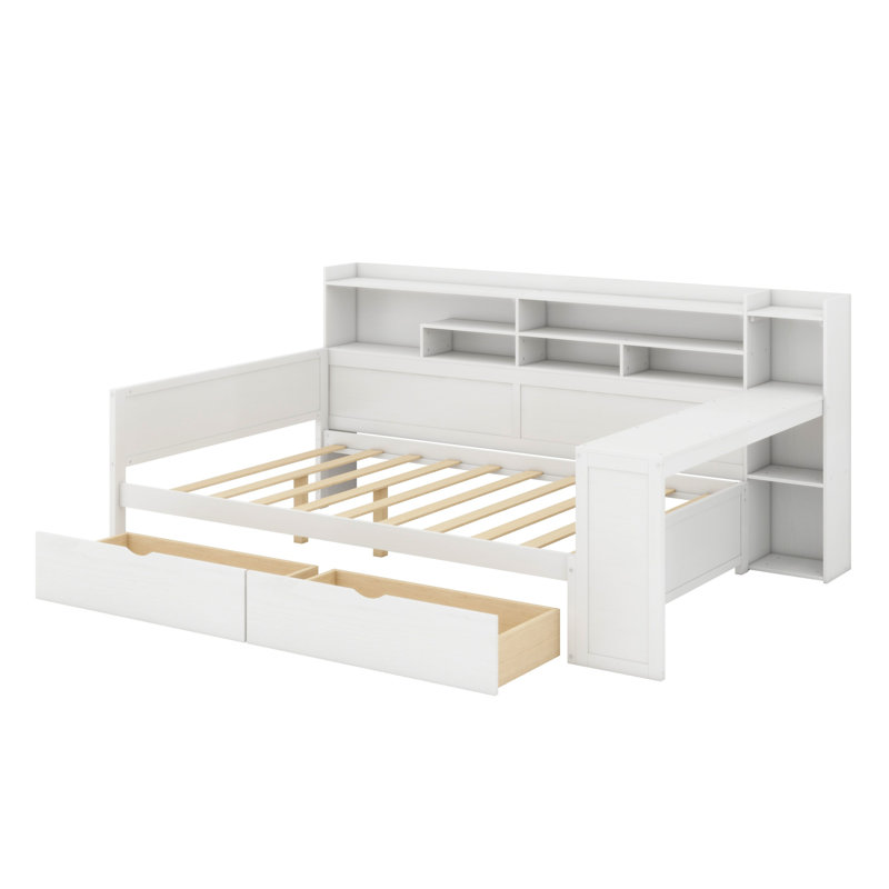 Lit de jour en bois avec tablettes de rangement, deux tiroirs de rangement et bureau d'étude, Blanc antique