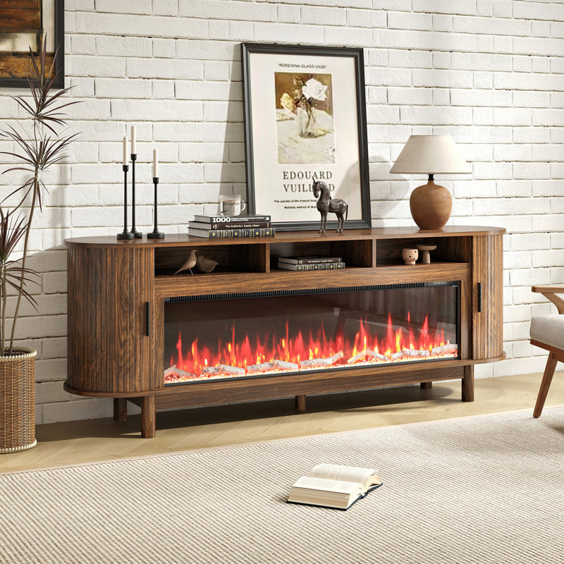 71 Inch Modern Fireplace Tv Stand For Tvs Up To 80 Inches, Mid Century Tv Console With Solid Wood Legs, Sliding Doors & Curved Design,media Console For Living Room, Brown