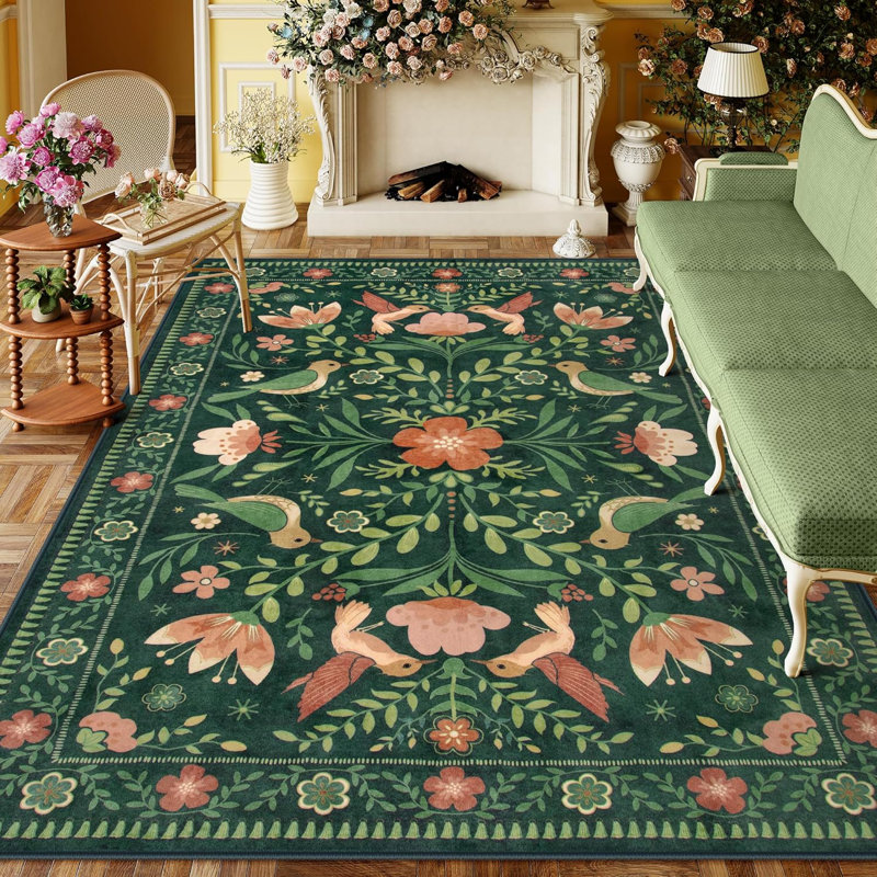 Goldene Boho Washable Botanical Dark Green Area Rugs for Living Room, Low-Pile Floral Rug with Non Slip Backing For Bedroom Dining Room