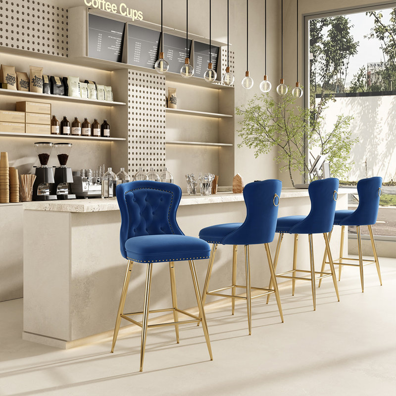 Velvet Counter Height Bar Stools with Metal Legs, Blue