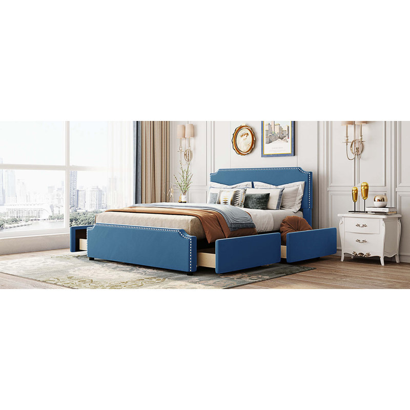 Grand lit plateforme de rangement tapissier, Bleu