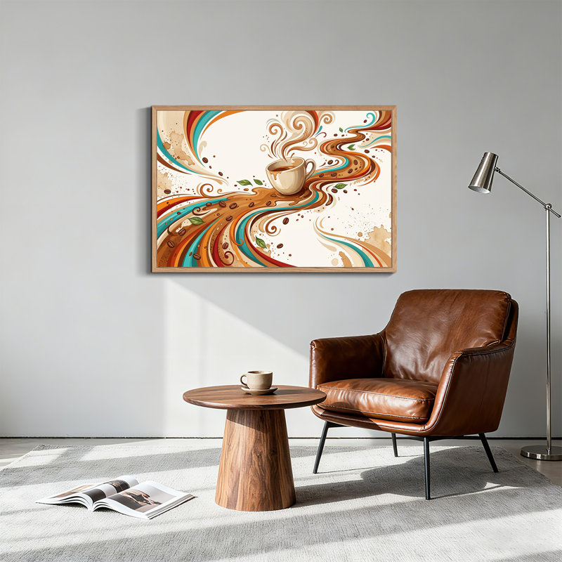 Tableau sur toile représentant une tasse à café ornée de rubans turquoise et marron., H 24 po x l 36 po
