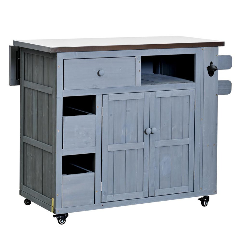Îlot de cuisine extérieur extensible, table de gril avec étagère à épices latérale, tiroirs et armoire de rangement, Gris