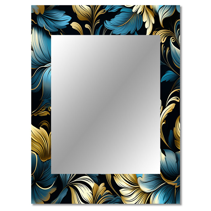 Gold And Blue Luxury Damask Serenade - damask  Large Mirror, Damask Decorative Wall Mirror, Printed Metal Art, 40" x 30"