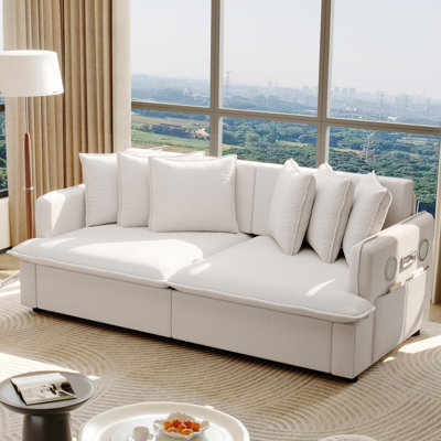 67.7" Corduroy 3-In-1 Convertible Sleeper Sofa Bed, Pull Out Couch With Bluetooth Speakers, USB Ports, Side Pockets & Throw Pillows