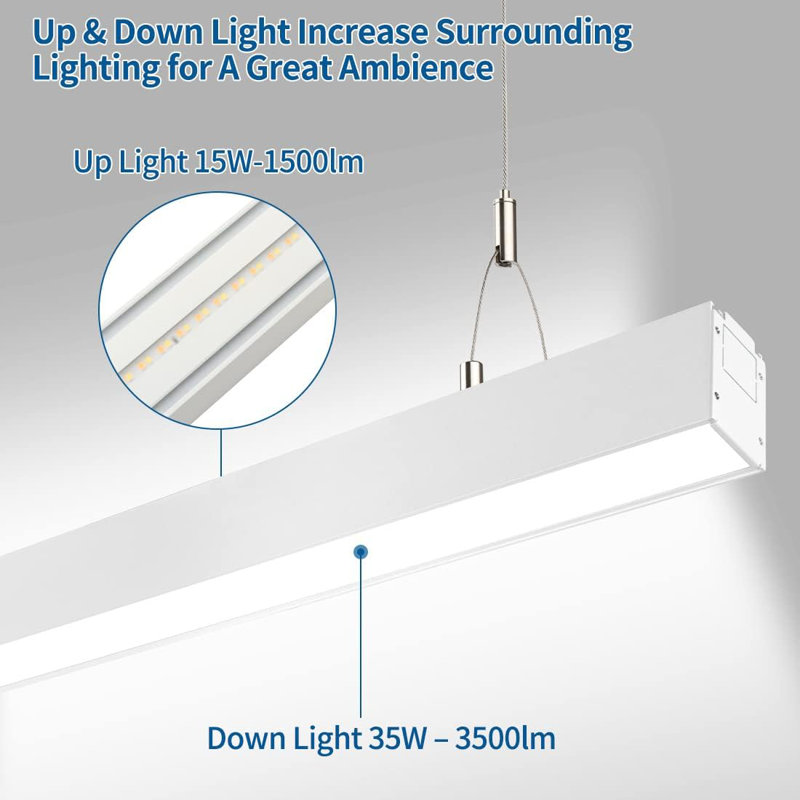 Linkable LED Linear Fixture With Direct/Indirect Lighting, 3000K-5000K CCT Selectable, Dimmable Suspended Commercial Light For Offices, Schools & Retail (35W Down + 15W Up, Energy Efficient)
