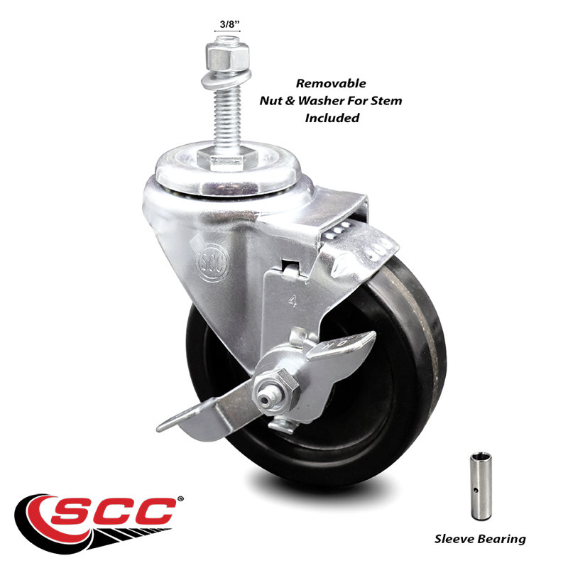Roulettes pivotantes à tige filetée en acier inoxydable de 4 po à roue pivotante de 3/8 po avec frein SCC