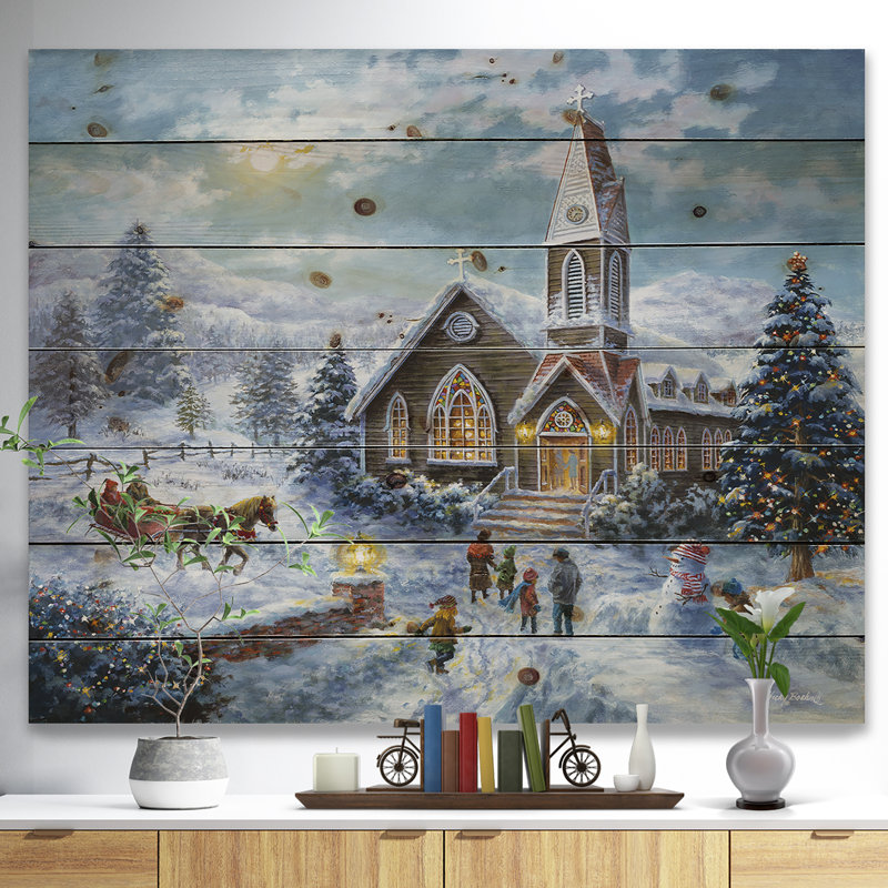« christmas culte parents priant children play », peinture, H 30 po x l 40 po x P 1,5 po, Bois