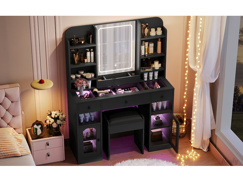Bureau de coiffeuse avec miroir à DEL, armoires lumineuses en verre RVB, 3 tiroirs, tablettes de rangement et tabouret, Noir