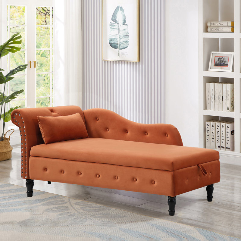 Chaise longue en velours avec rangement et banc rembourré capitonné, Orange