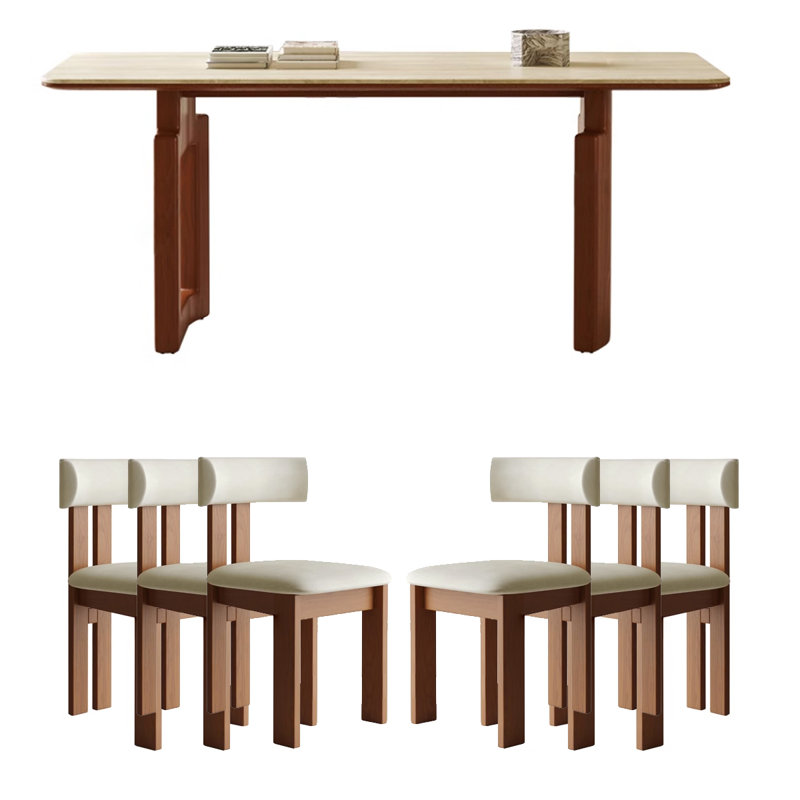 Ancient Style Rectangular Rock Plate Dining Table 6 - Person Double Pedestal Dining Set, 29.53"H x 70.87"L x 31.5"W