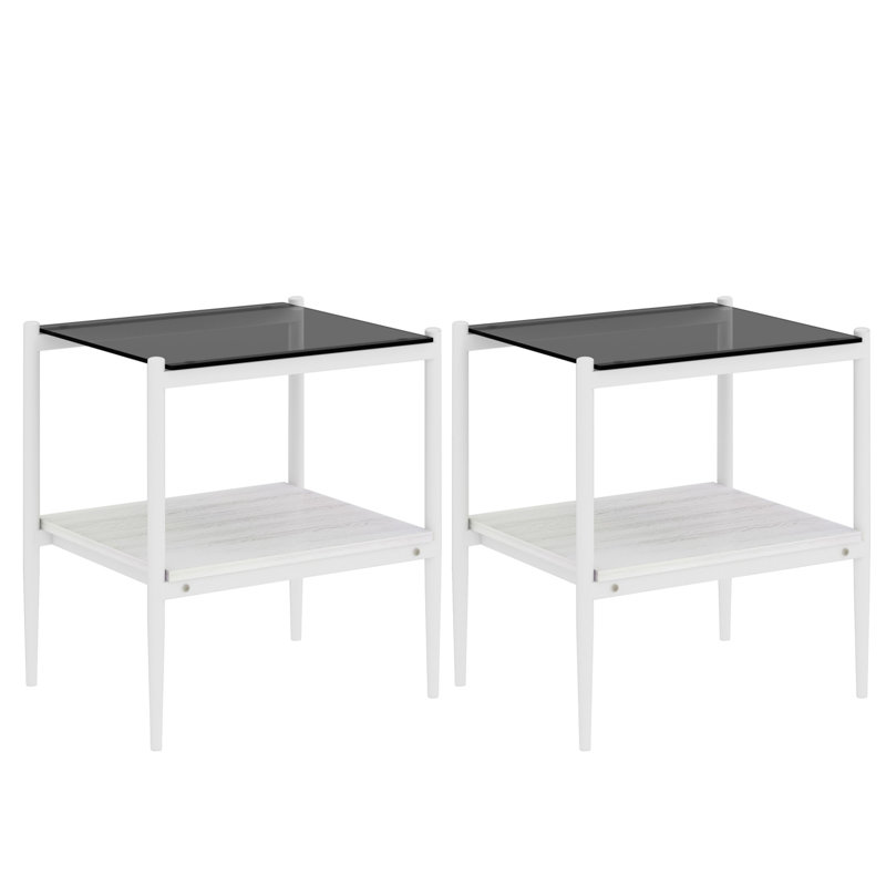 Set of 2 Rectangle End Table, Tempered Glass Tabletop with MDF layer, Glass, White, Gray